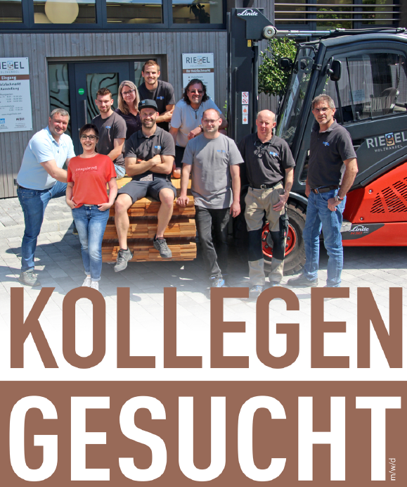 Annonce Kollege gesucht Riegel mit dem Team vor der Firma