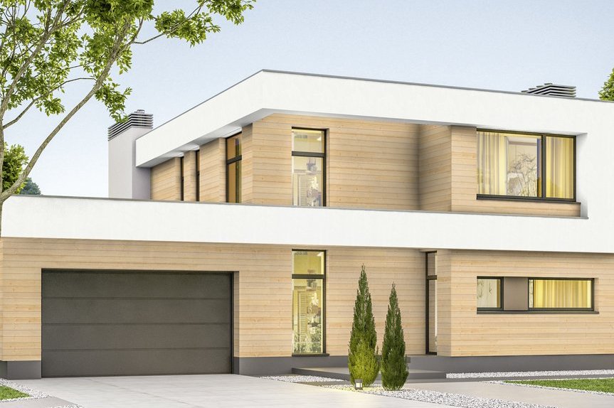 moderne, weißes Haus mit einer hellen Holzfassade im Grünen