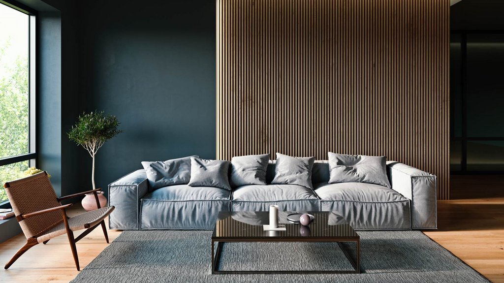 ein modernes blaues Wohnzimmer mit Akustikpaneelen