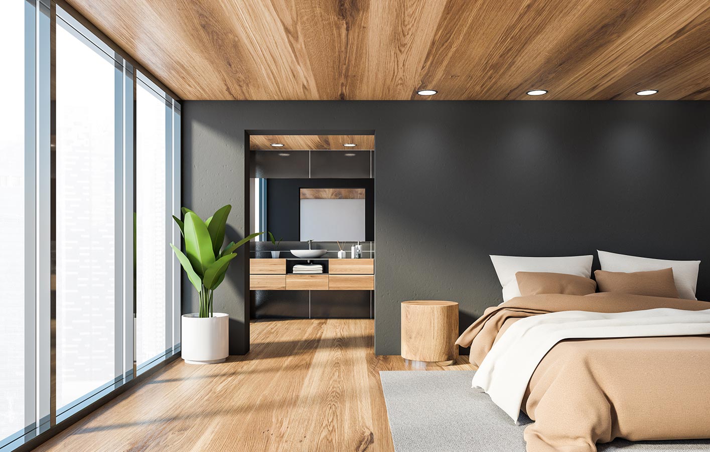 Wand und Boden aus Holz in einem Schlafzimmer.