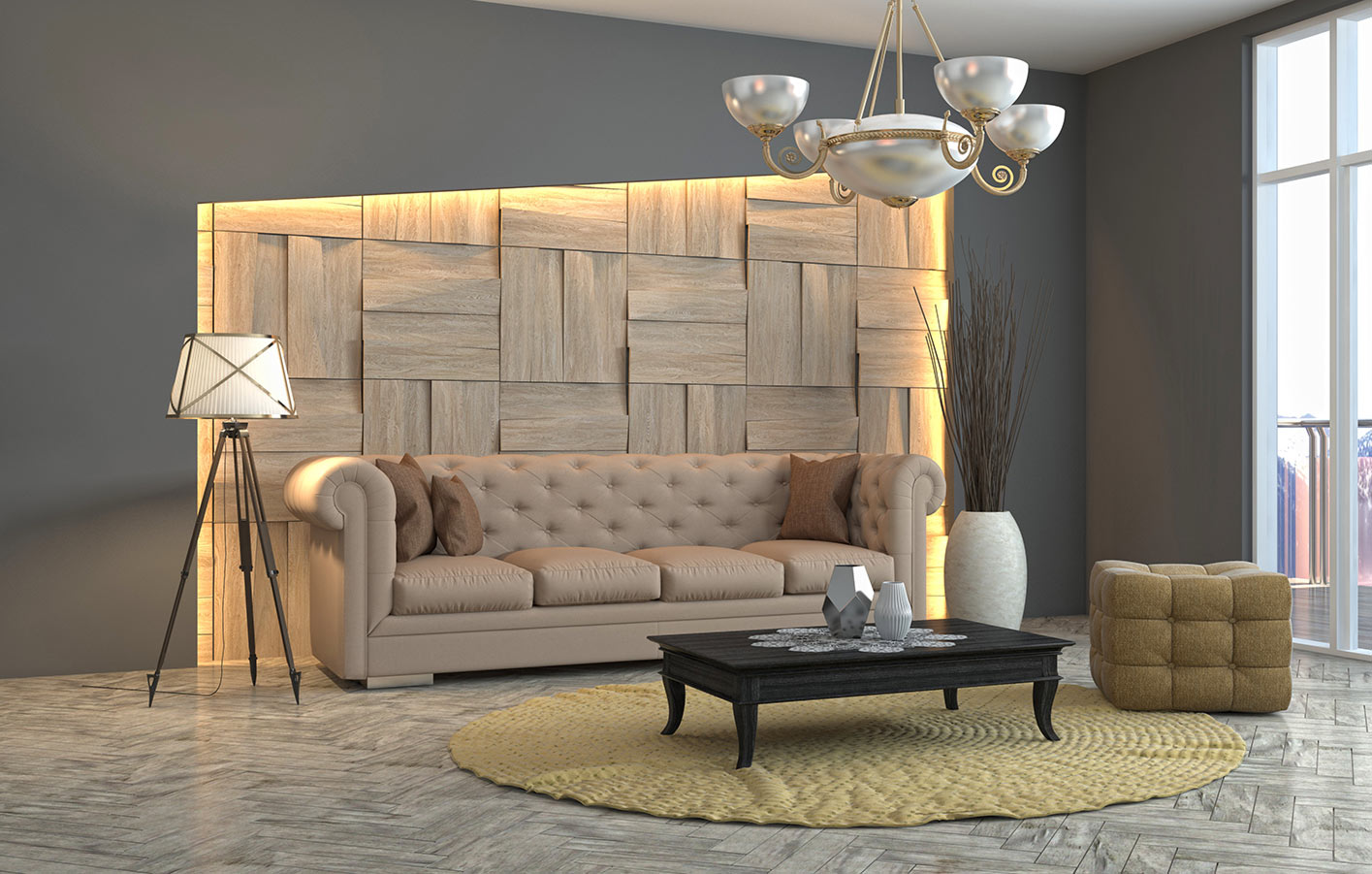 Wandpaneee in 3D in einem Wohnzimmer.
