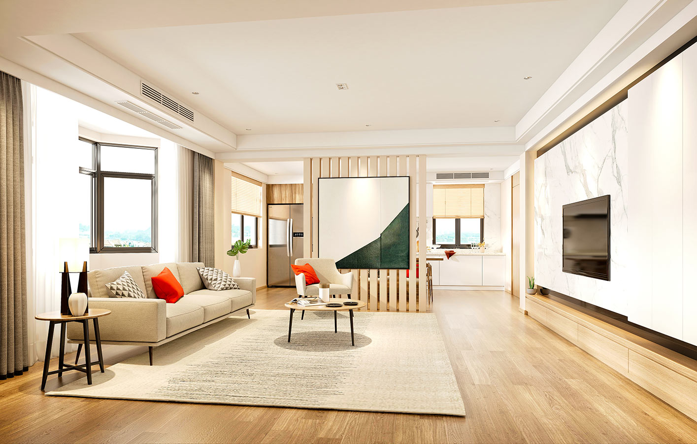 heller Furnierboden in einem modernen, offenen Wohnbereich mit hellen Möbeln