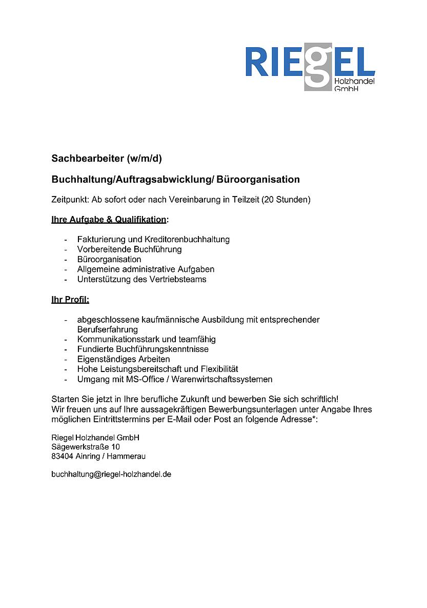 Stellenanzeige vom Riegel Holzhandel