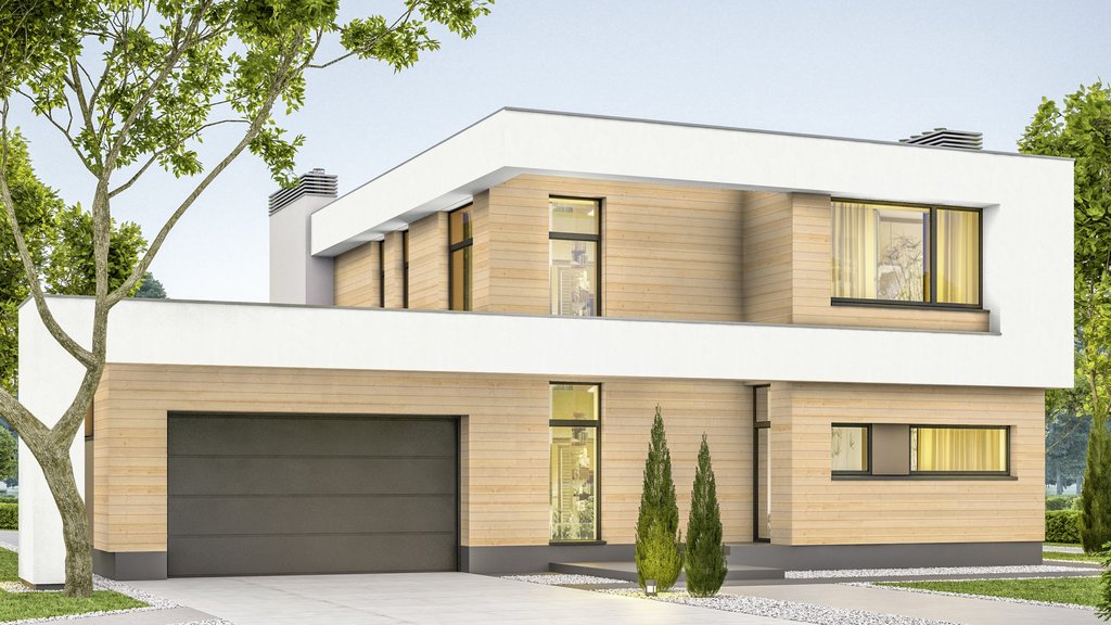 moderne, weißes Haus mit einer hellen Holzfassade im Grünen